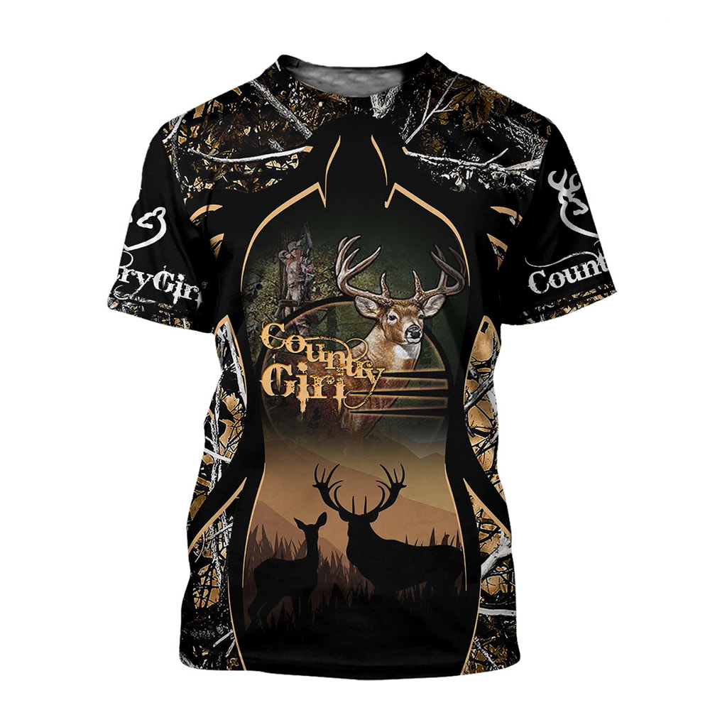 Deer Hunting Girl Country Brown Camo 3D T-Shirt, Hoodie, Zip Hoodie, Sweatshirt For Mens And Womans