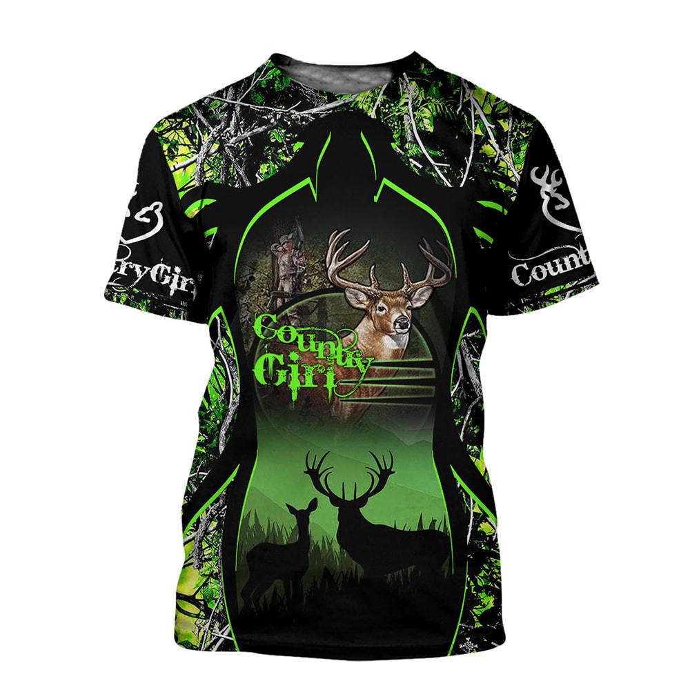 Deer Hunting Girl Country Green Camo 3D T-Shirt, Hoodie, Zip Hoodie, Sweatshirt For Mens And Womans