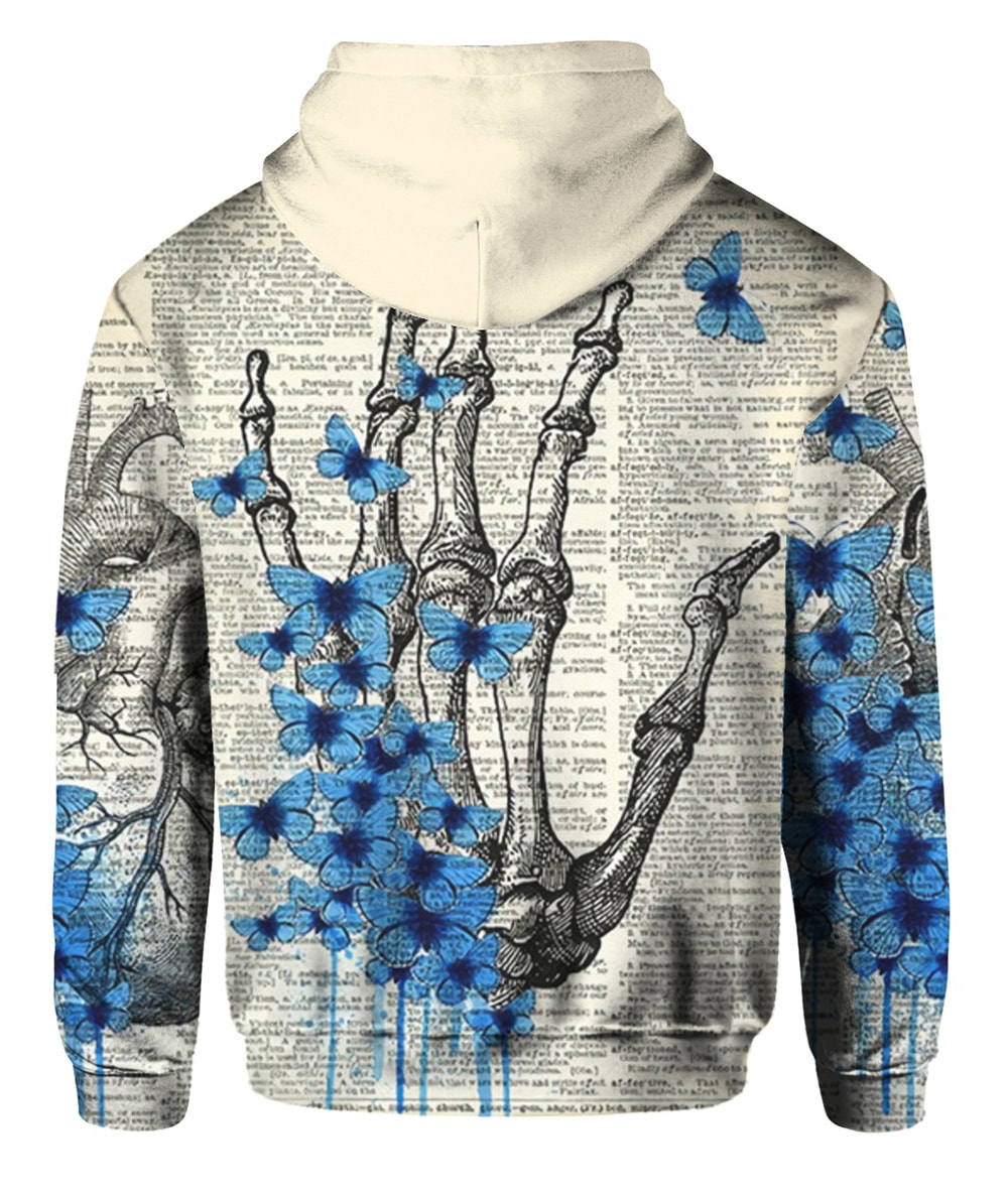 Blue Butterfly And Skull With Old Newspaper Background 3D T-Shirt, Hoodie, Zip Hoodie, Sweatshirt For Mens And Womans