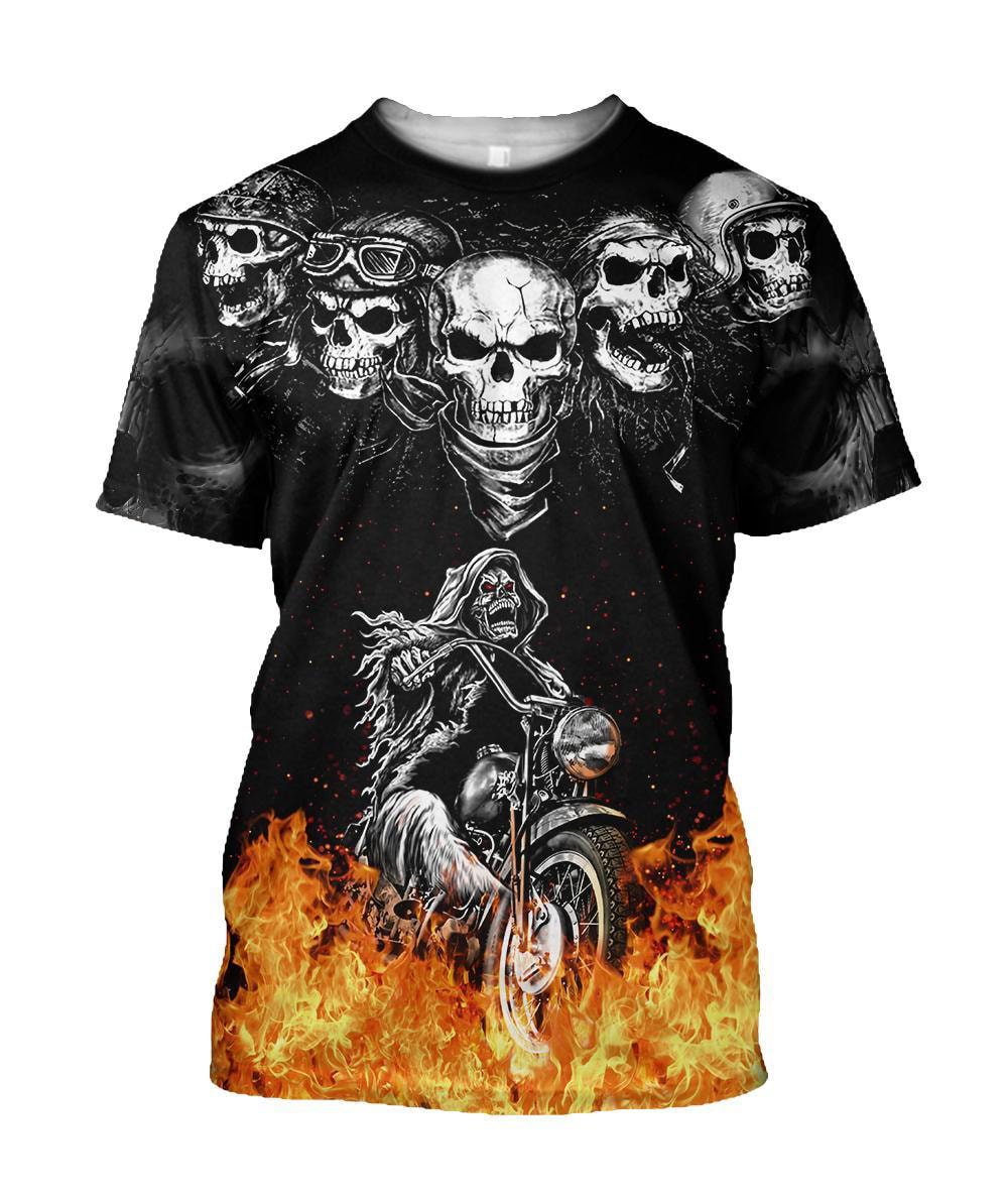 Biker Skulls On The Fire 3D Hoodie, T-Shirt, Zip Hoodie, Sweatshirt For Men And Women
