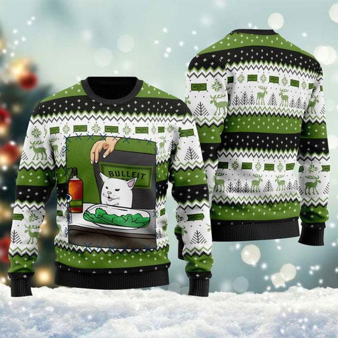 Bulleit Rye Whiskey Cat Meme Christmas Ugly Sweater