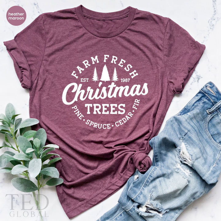 Cute Farm Fresh T-Shirt, Funny Christmas Trees T Shirt, Christmas Family Tee, Pine Spruce Cedar Fr Shirts, Xmas TShirt, Gift For Christmas