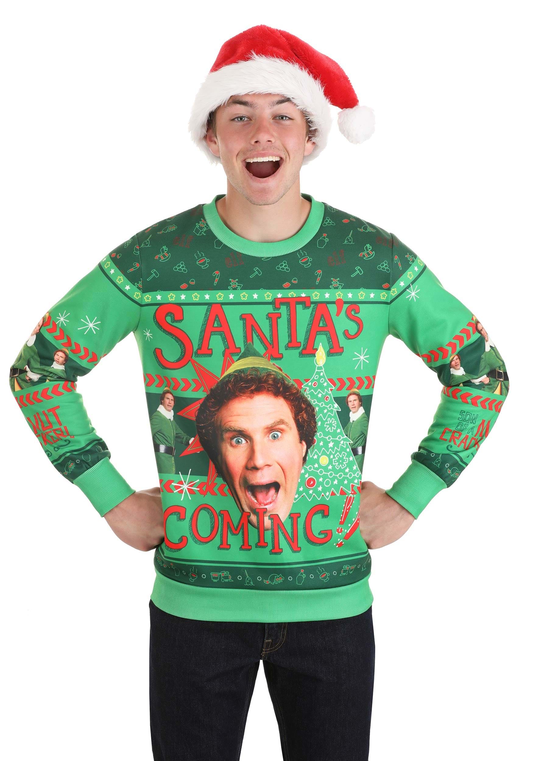 Santa's Coming Elf Adult Ugly Christmas Sweater