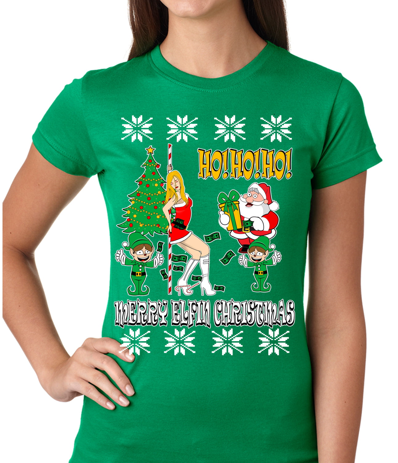 Ugly Christmas T-shirt Santa and the Stripper Girls