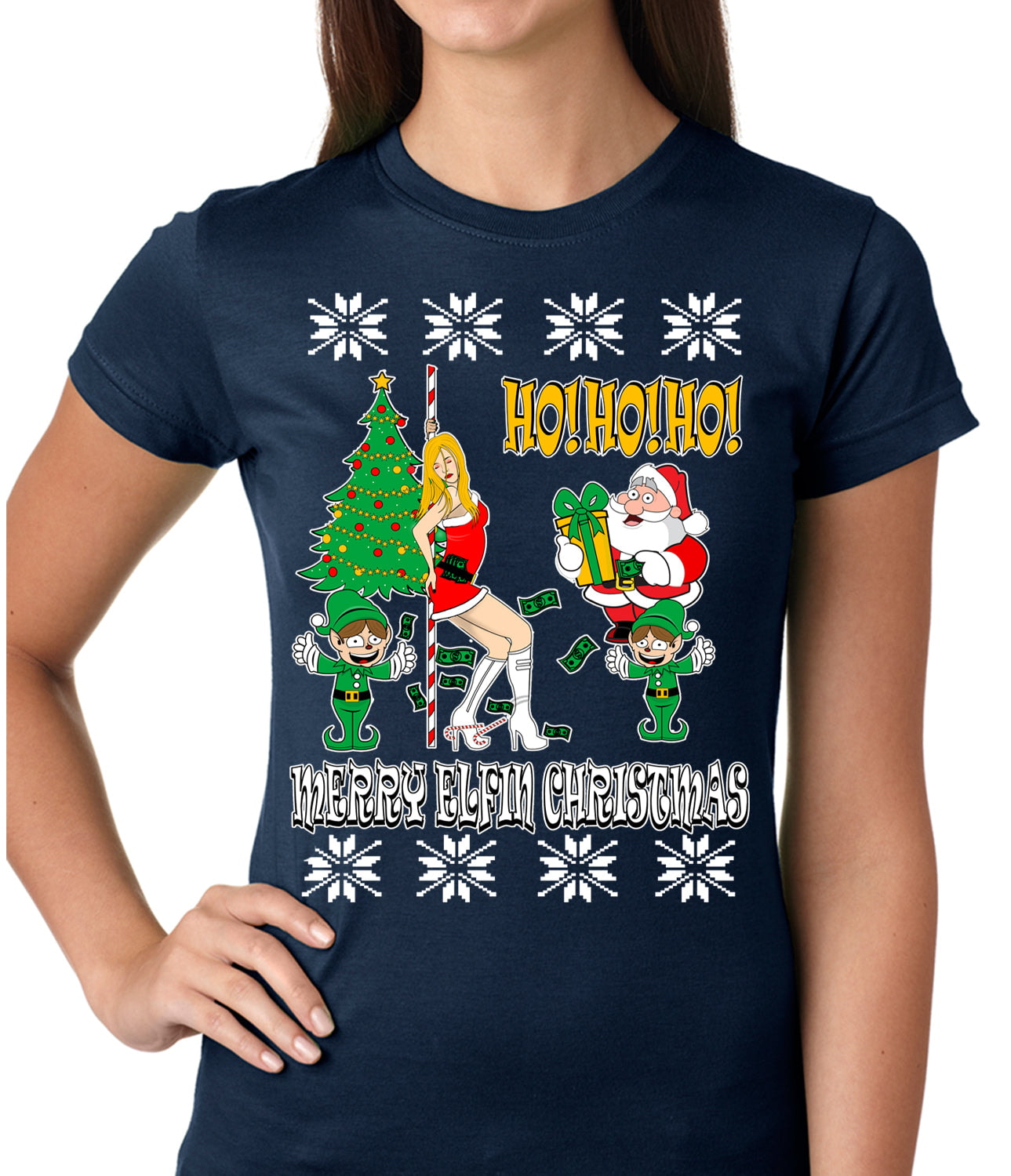 Ugly Christmas T-shirt Santa and the Stripper Girls