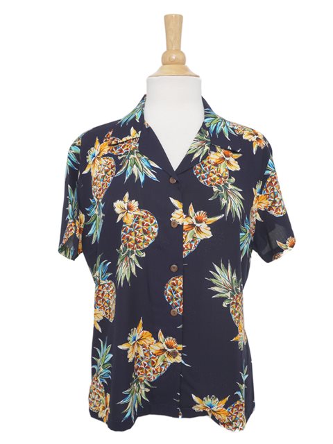 Women's Golden Pineapple Navy Hawaiian Shirt