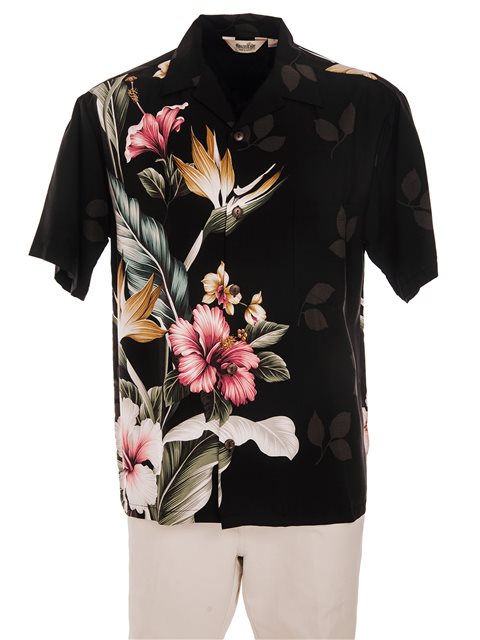 Tropical Flowers Black Hawaiian Shirt