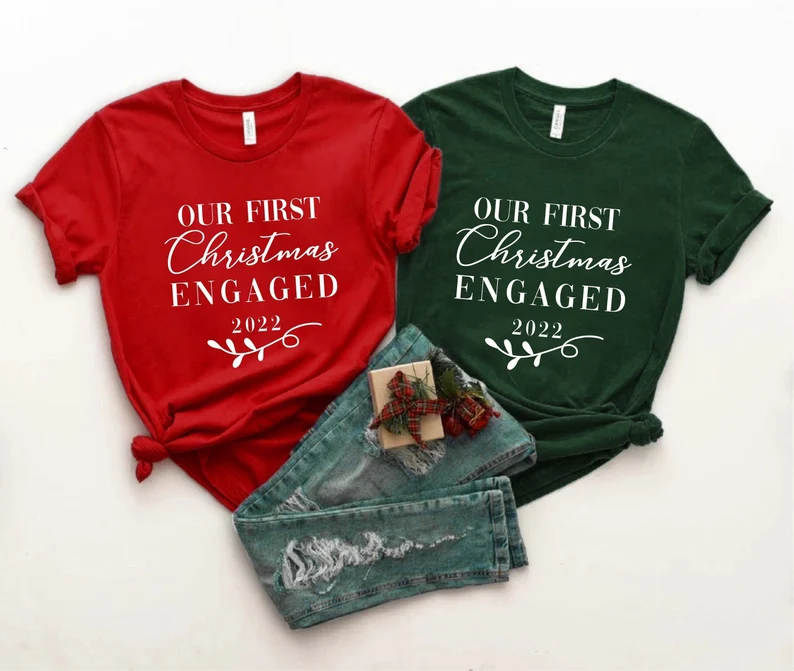 Our First Christmas Engaged, Couple Matching Xmas Tees, New Engaged Couple Xmas Shirts