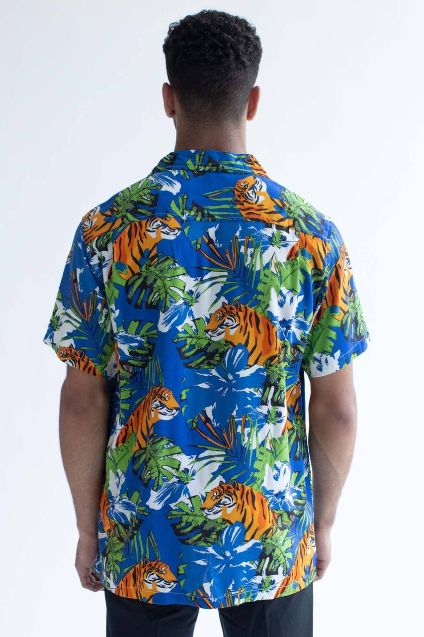 Bright Blue Tropical Tiger Hawaiian Shirt