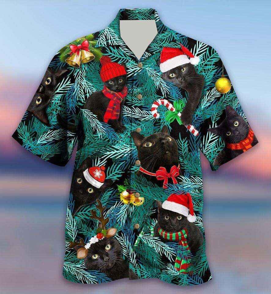 Christmas Black Cat Hawaiian Shirt Aloha Cat Xmas Party