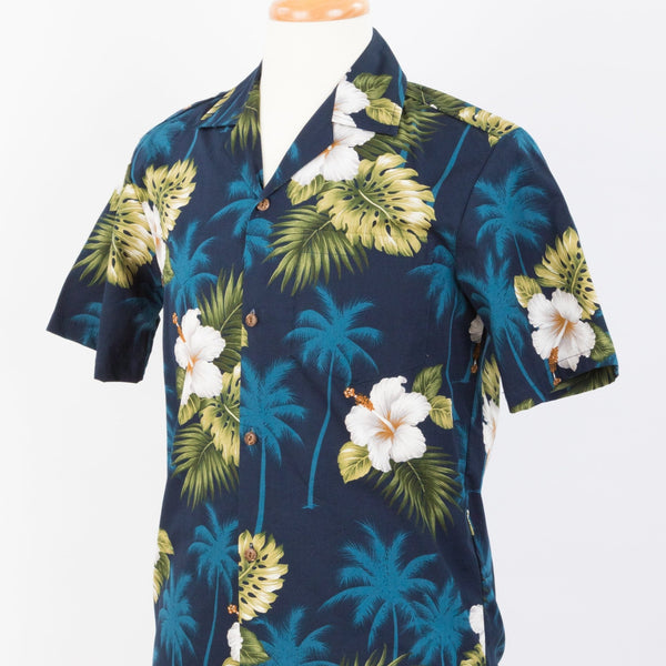 Hibiscus and Palm Tree Cotton Aloha Shirt Blue