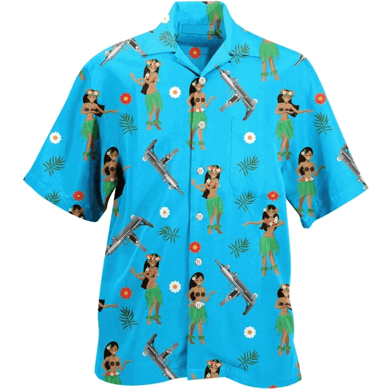 Hula Girl Uzi Gun Hawaiian Shirt