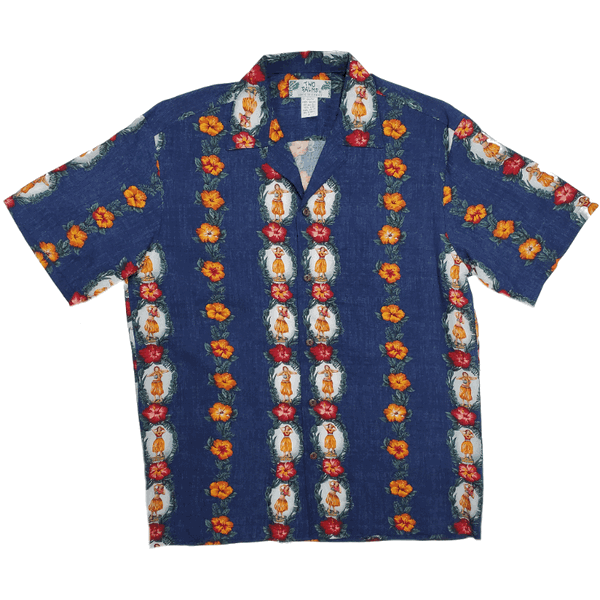 Hula Girl Vintage Inspired Rayon Hawaiian Shirt Navy