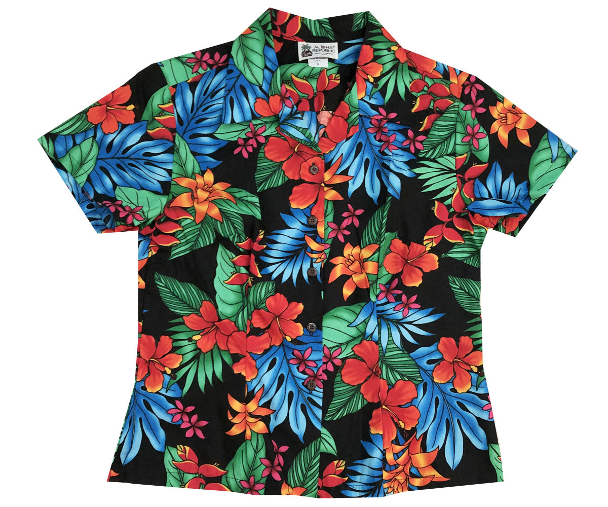 Jungle Dream Black Fitted Women's Hawaiian Shirt