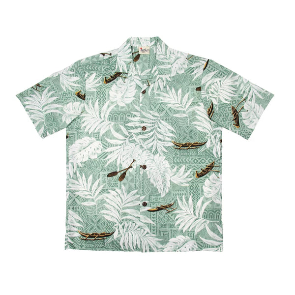 Leafy and Canoe Polynesian Print Aloha Shirt Green