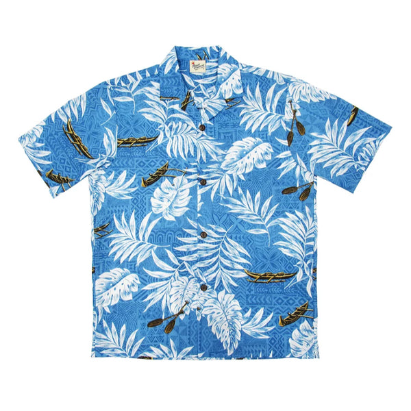 Leafy and Canoe Polynesian Print Aloha Shirt