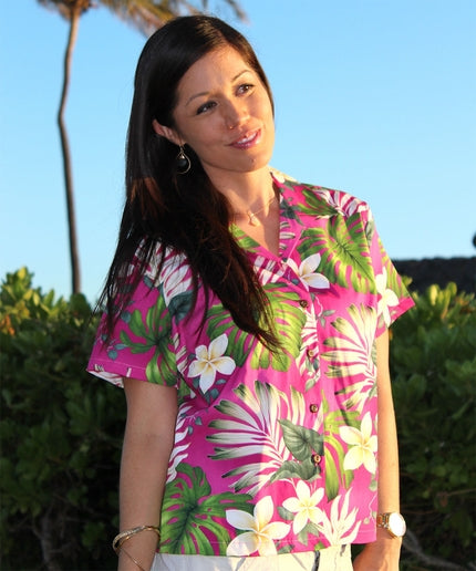 Ms Monstera Pink Fitted Women's Hawaiian Shirt
