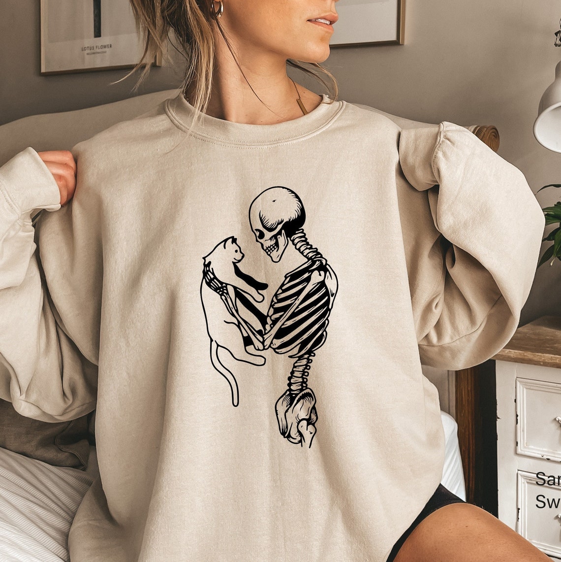 Skeleton Sweatshirt,Skeleton And Cat