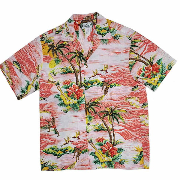 Surfing Wave and Ukulele Fun Print Aloha Shirt-Coral
