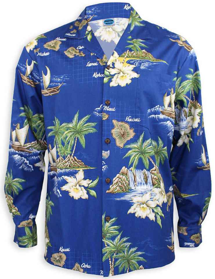Hawaii Islands Long Cotton Royal Blue Shirt