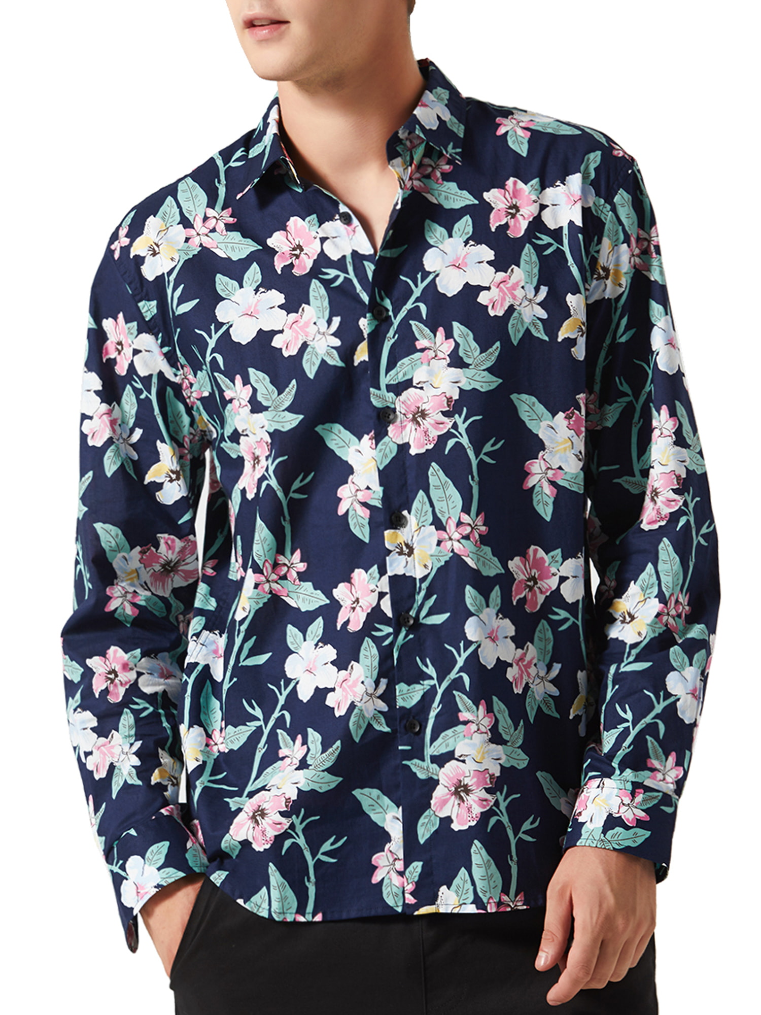 Lars Amadeus Men's Flower Palm Long Sleeve Button Down Hawaiian Shirt