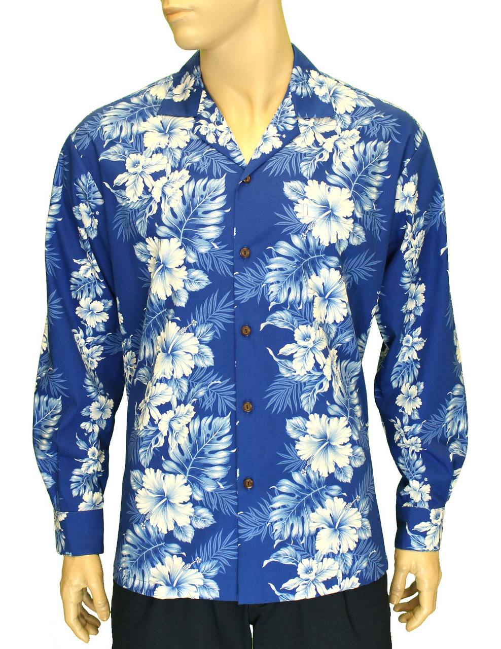 Long Sleeves Cotton Hawaii Shirt Royal Blue Haku Laape